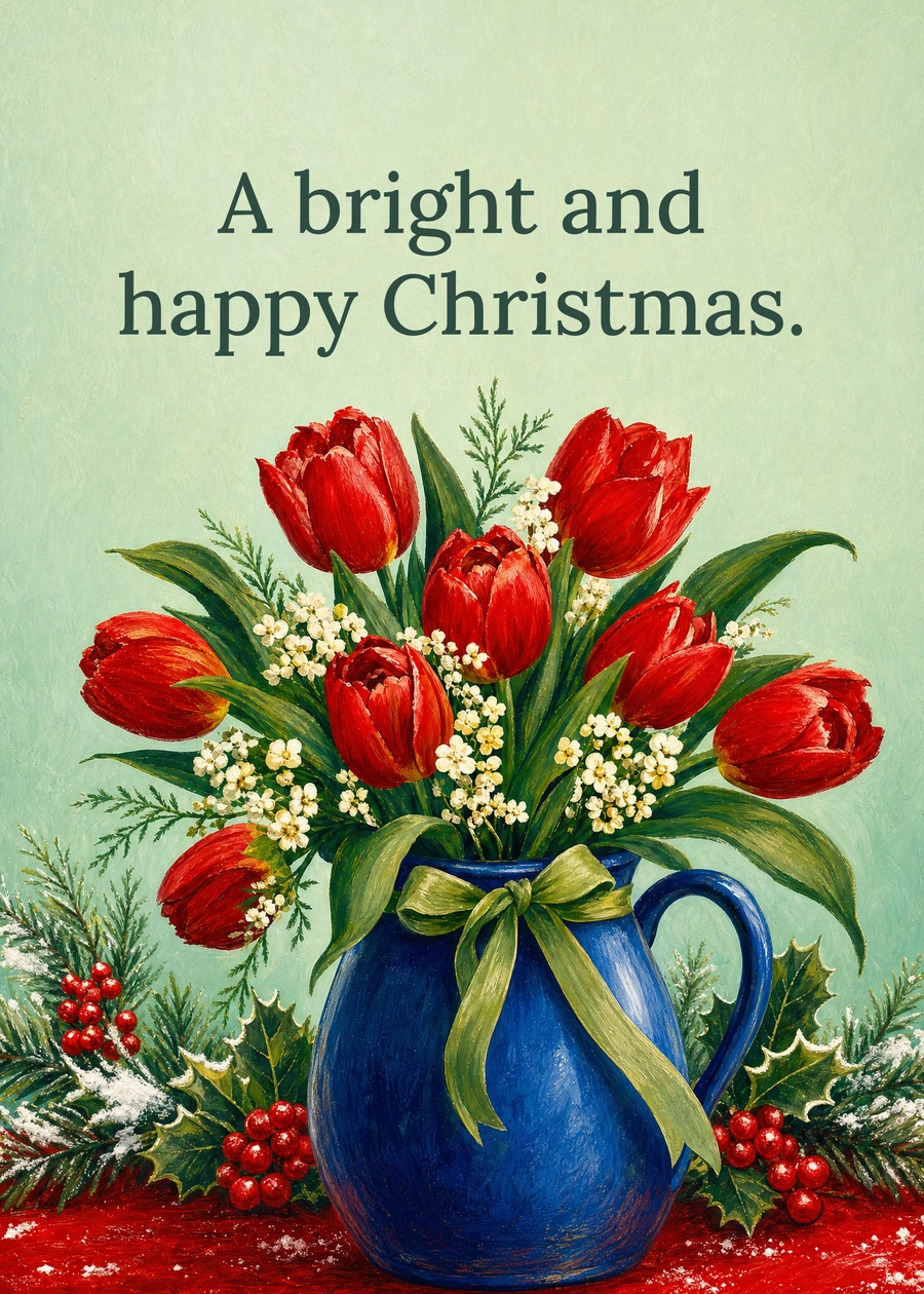 Personalized A Bright Christmas Bouquet Greeting Card front with example wording: A bright and happy Christmas.
