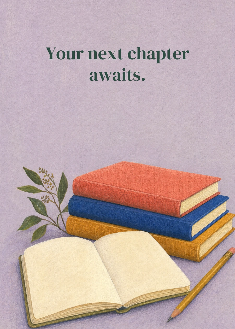 The Next Good Chapter greeting card artwork: Your next chapter awaits.