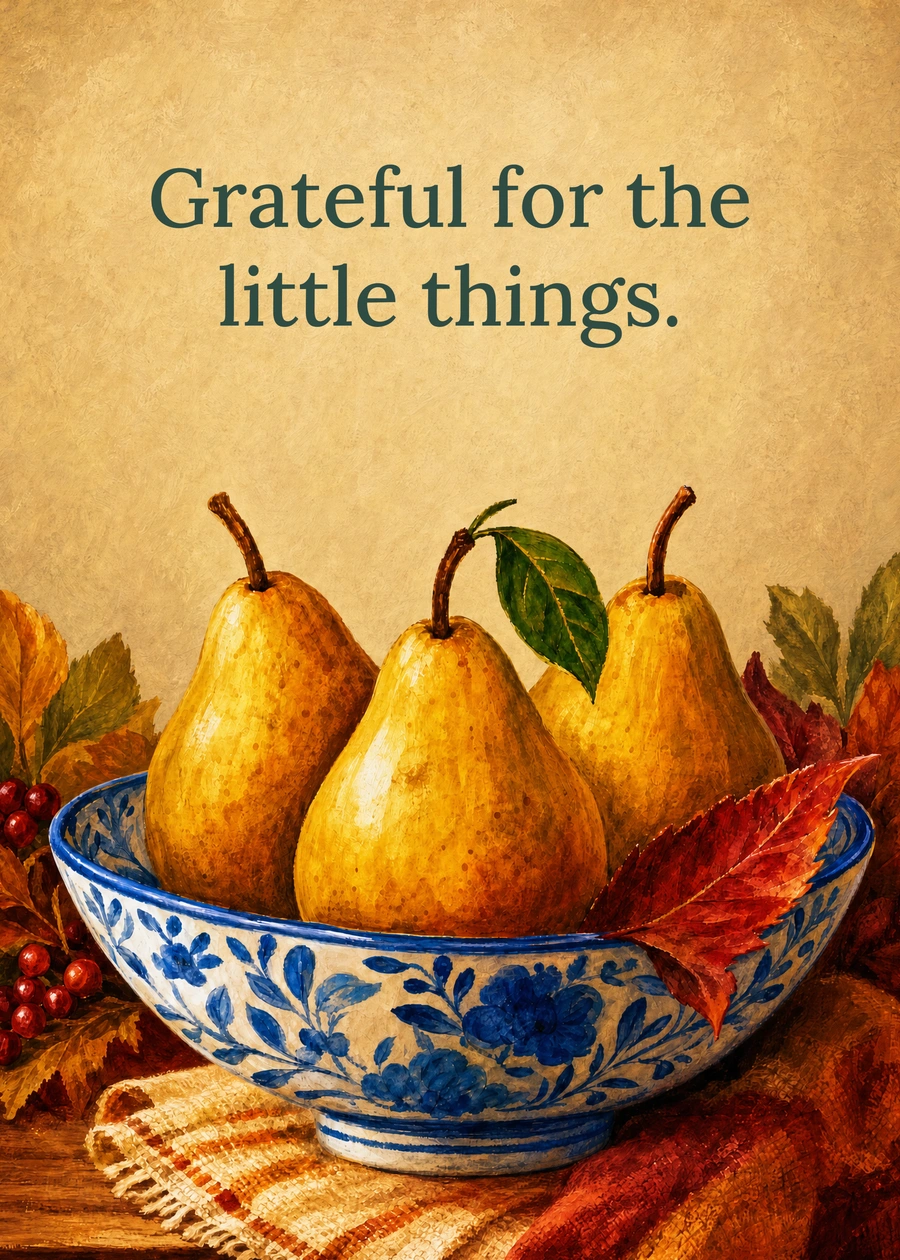 Personalized The Harvest Pear Bowl Greeting Card front with example wording: Grateful for the little things.