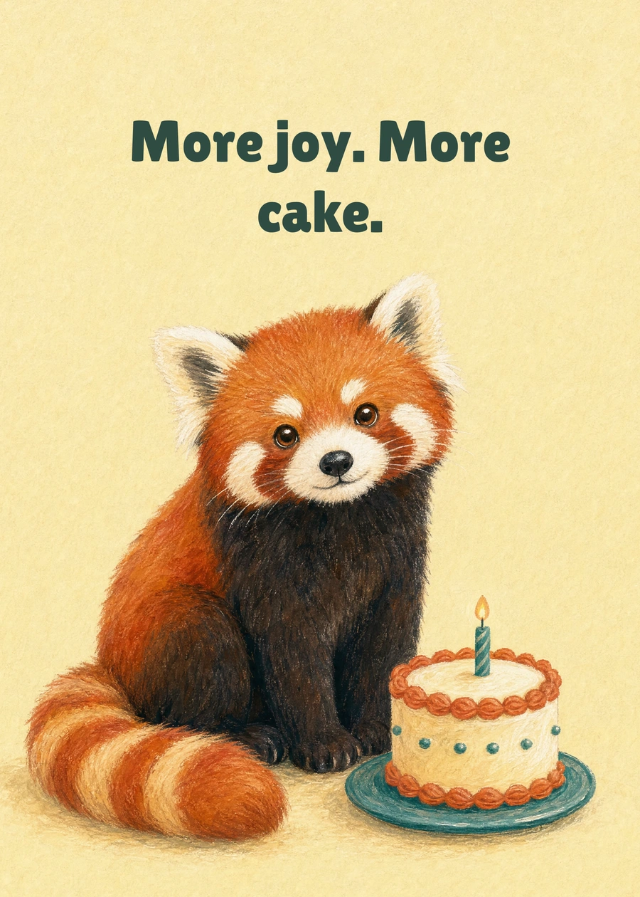 Personalized Red Panda Party Greeting Card front with example wording: More joy. More cake.