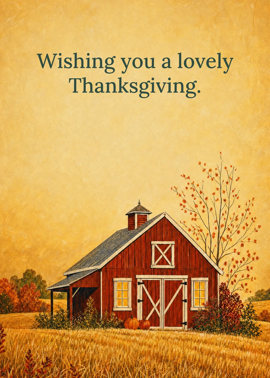 Personalized The Warm Harvest Barn Greeting Card front with example wording: Wishing you a lovely Thanksgiving.