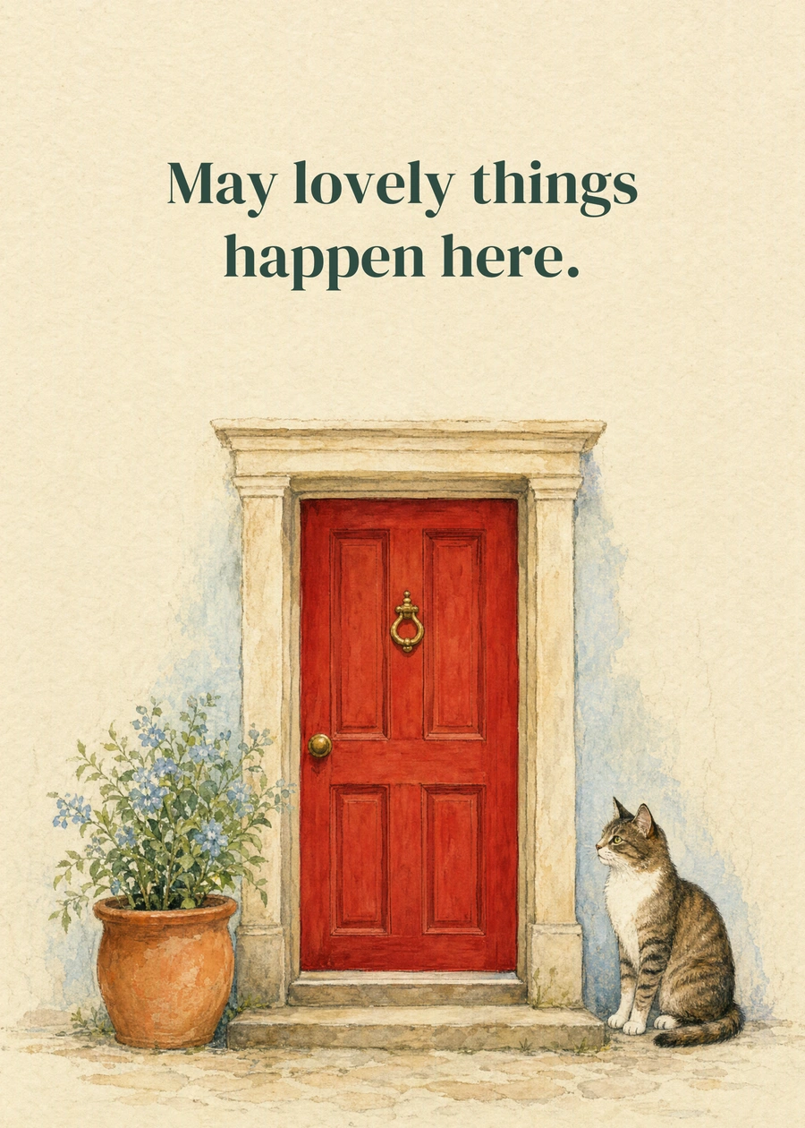 A New Door, a New Day greeting card artwork: May lovely things happen here.
