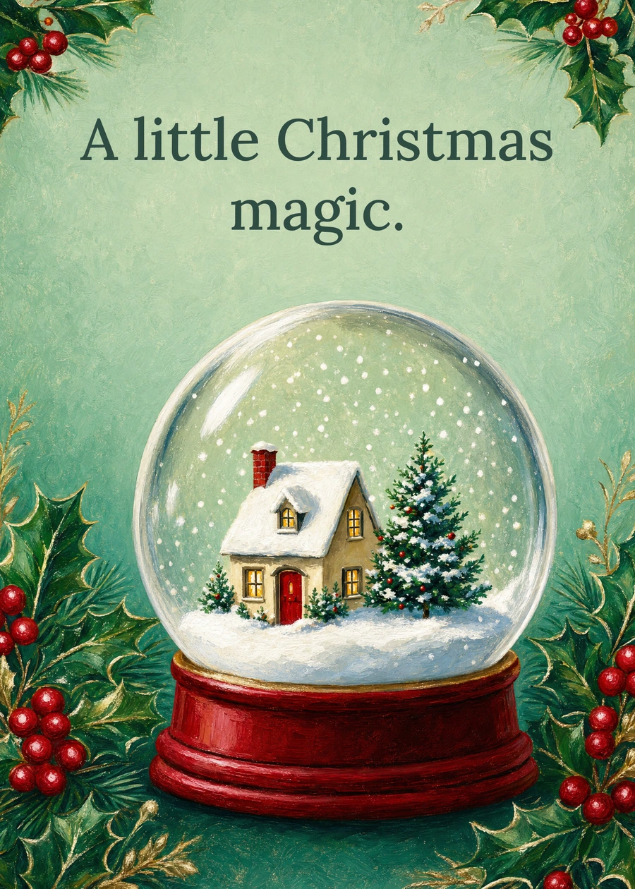 Personalized A Little World of Christmas Greeting Card front with example wording: A little Christmas magic.