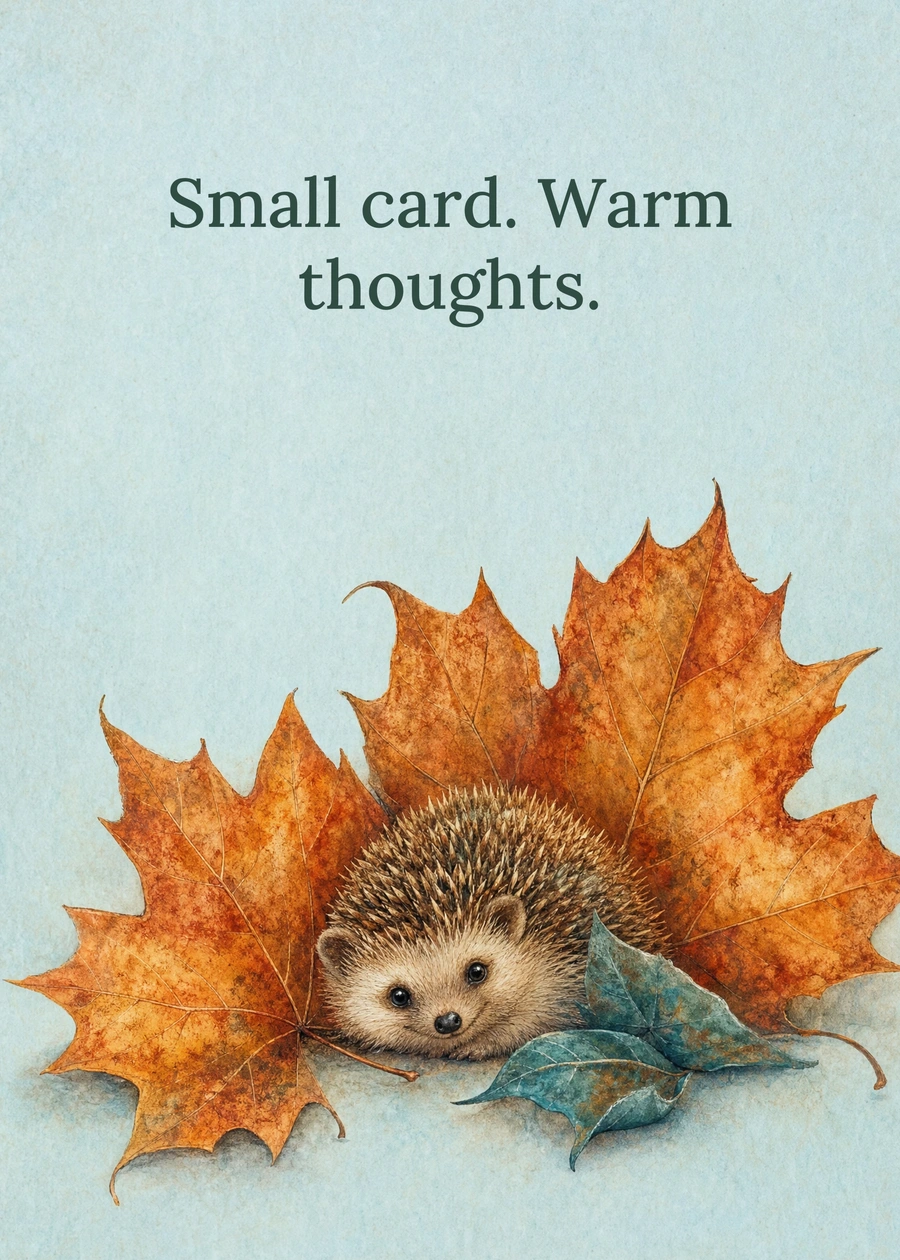 Personalized A Small Autumn Friend Greeting Card front with example wording: Small card. Warm thoughts.
