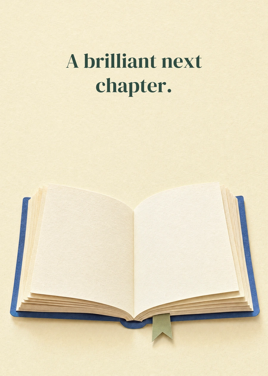 Personalized The Story Gets Better Greeting Card front with example wording: A brilliant next chapter.