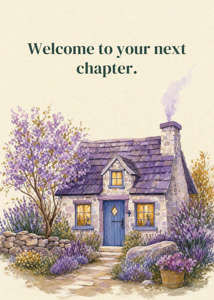 Your Own Little Corner greeting card artwork: Welcome to your next chapter.