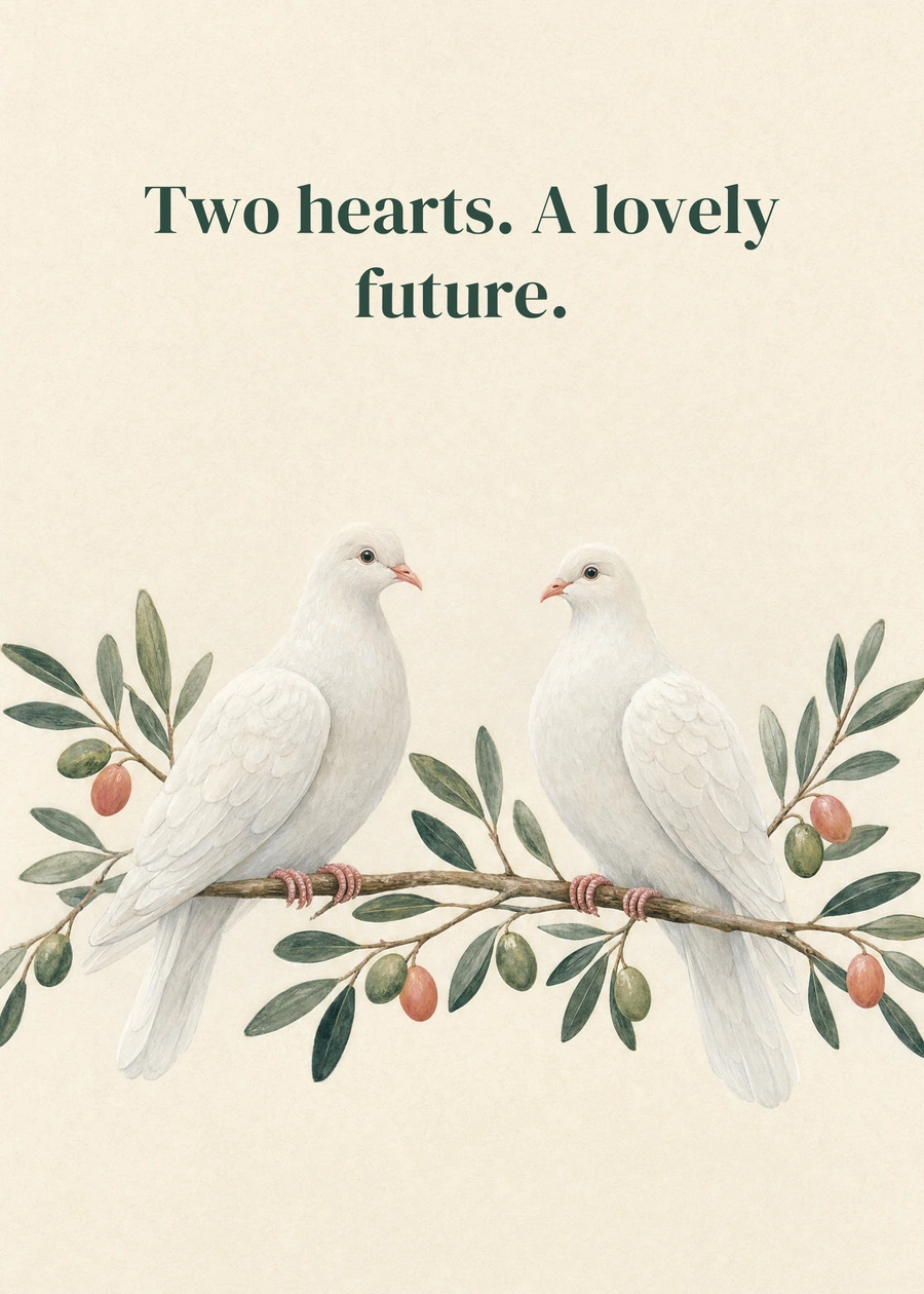 Personalized A Pair of Lovely Souls Greeting Card front with example wording: Two hearts. A lovely future.