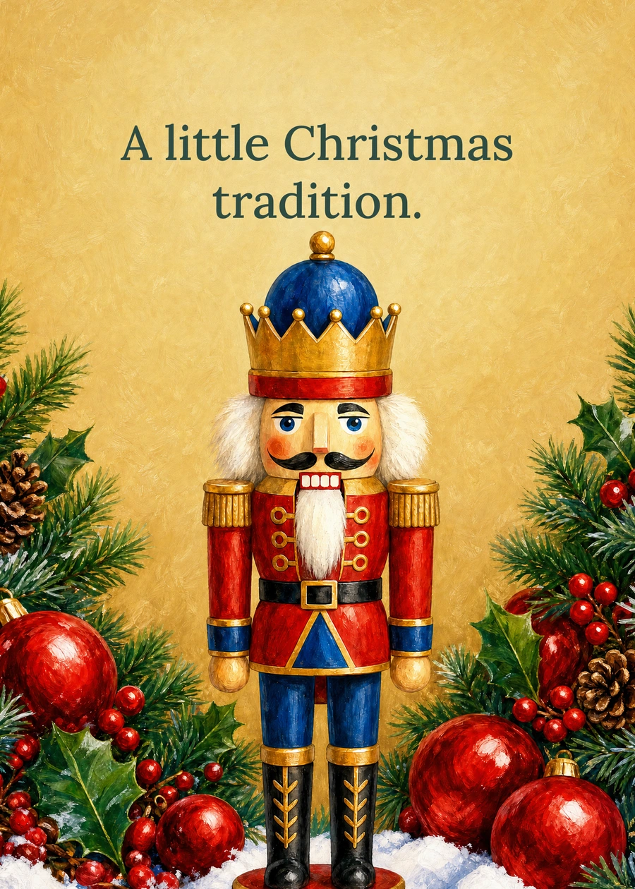 Personalized The Little Christmas Nutcracker Greeting Card front with example wording: A little Christmas tradition.