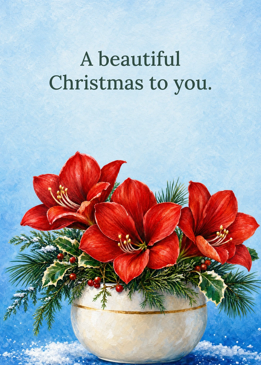 Personalized Christmas Amaryllis Greeting Card front with example wording: A beautiful Christmas to you.