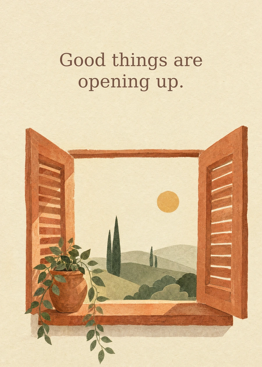 Room for What Comes Next greeting card artwork: Good things are opening up.