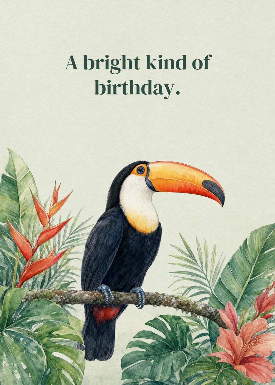 Personalized A Tropical Birthday Greeting Card front with example wording: A bright kind of birthday.