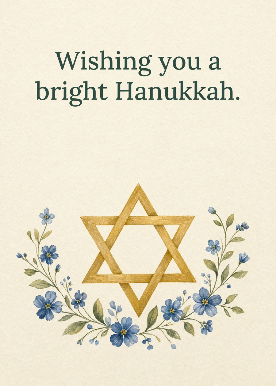 Personalized A Star of Hanukkah Light Greeting Card front with example wording: Wishing you a bright Hanukkah.