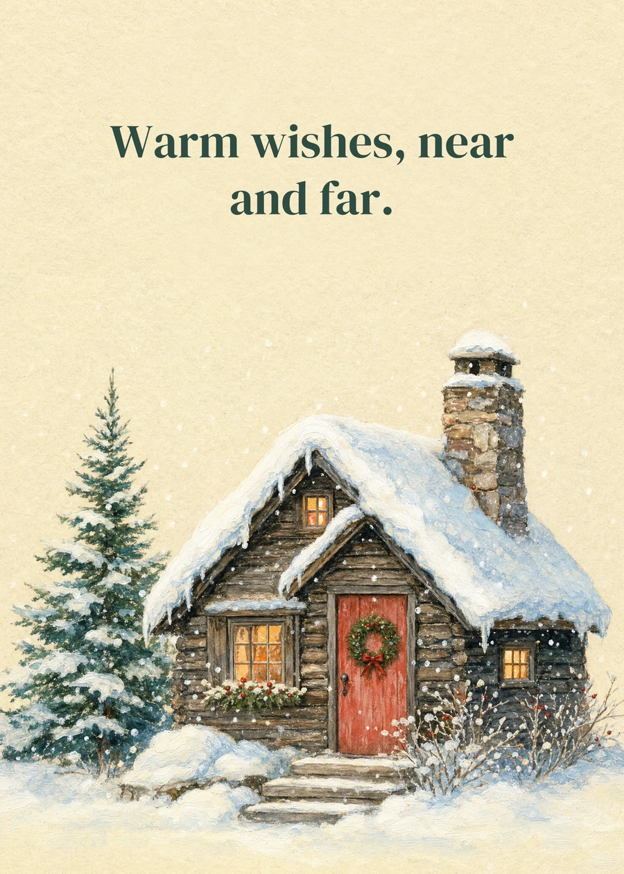 Personalized Christmas at the Cabin Greeting Card front with example wording: Warm wishes, near and far.