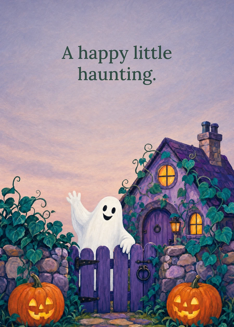 Personalized A Ghost at the Garden Gate Greeting Card front with example wording: A happy little haunting.
