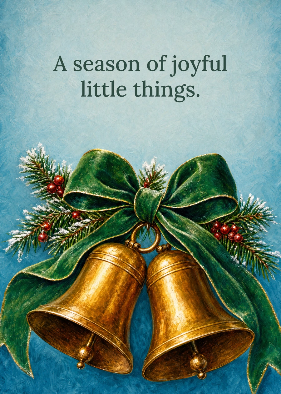 Personalized The Christmas Bells Greeting Card front with example wording: A season of joyful little things.