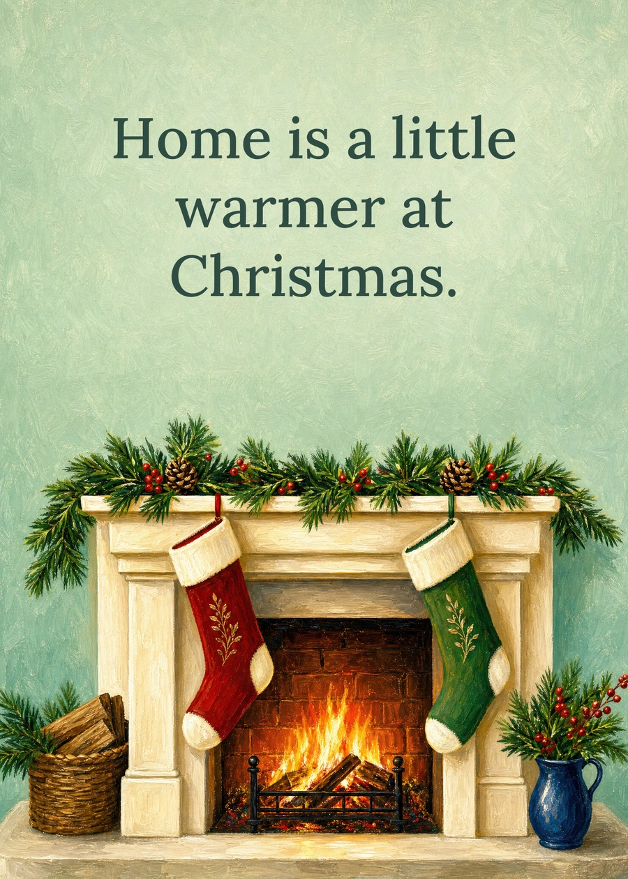 Personalized Stockings by the Fire Greeting Card front with example wording: Home is a little warmer at Christmas.