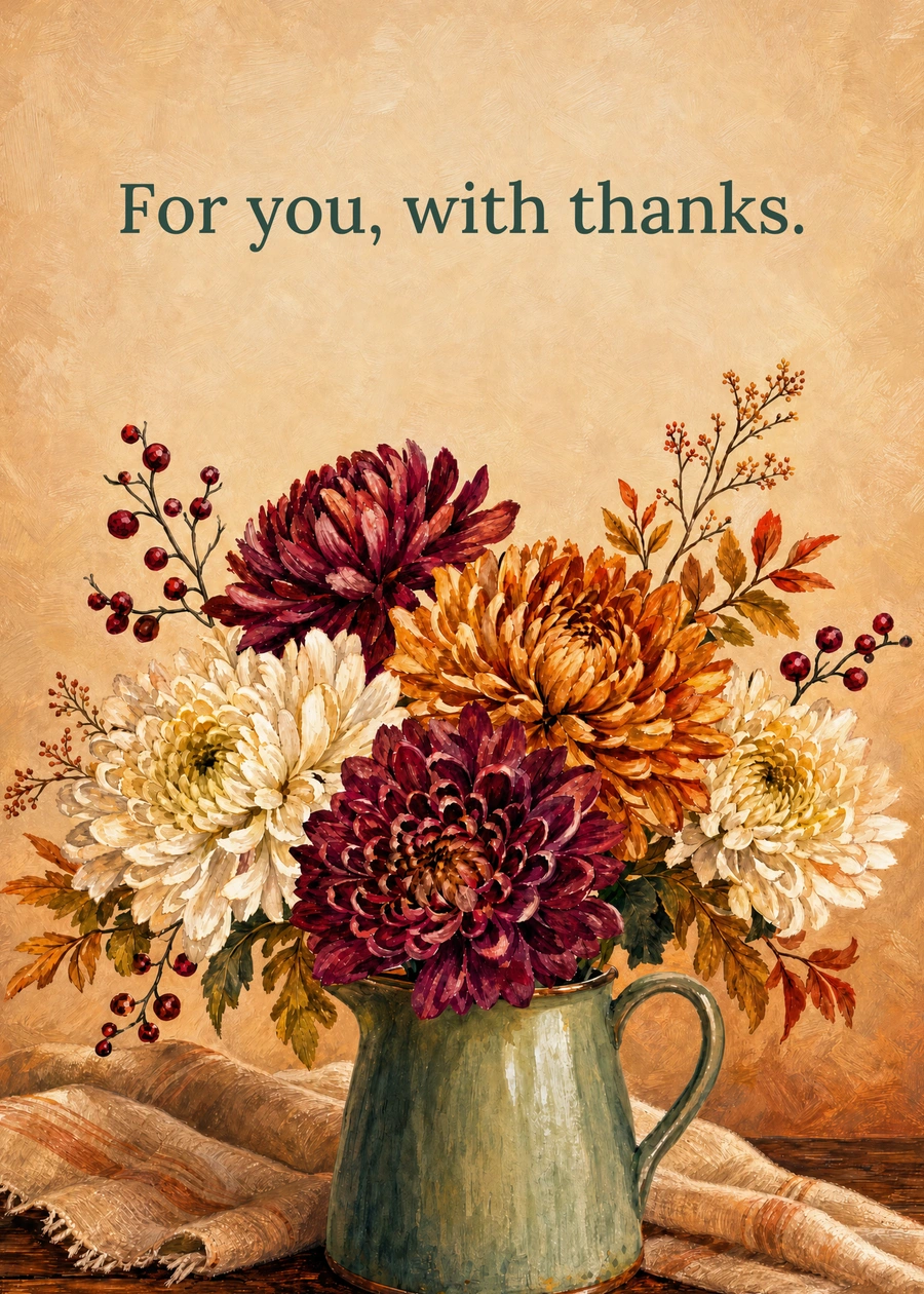 Personalized Autumn Flowers for You Greeting Card front with example wording: For you, with thanks.