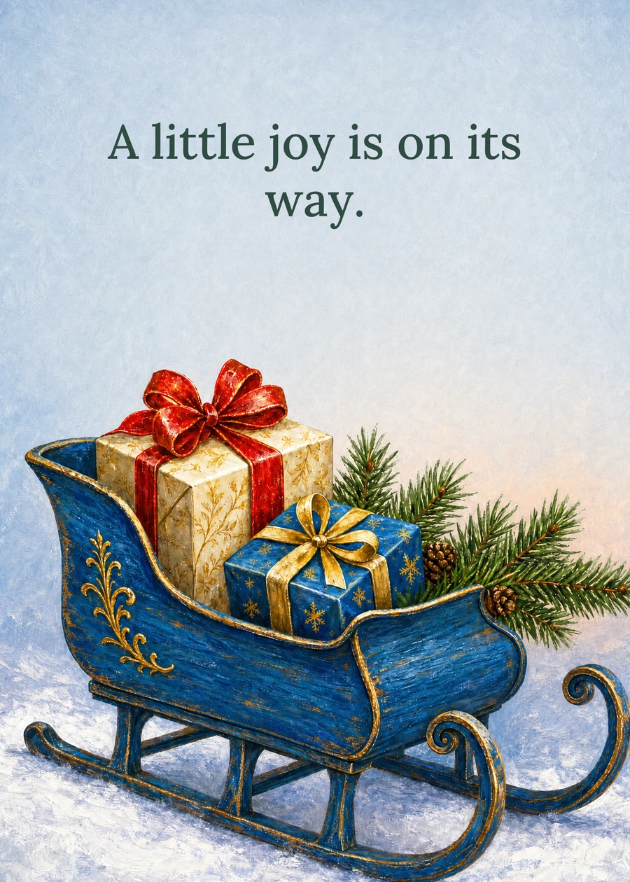 Personalized Christmas on Its Way Greeting Card front with example wording: A little joy is on its way.
