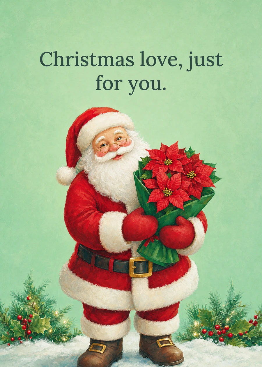 Personalized Santa with Christmas Flowers Greeting Card front with example wording: Christmas love, just for you.