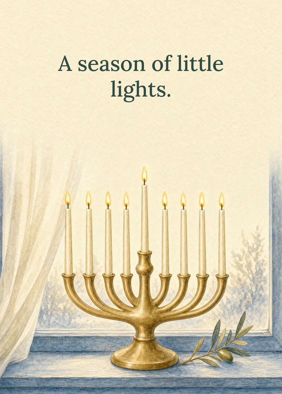 Personalized Hanukkah at the Window Greeting Card front with example wording: A season of little lights.