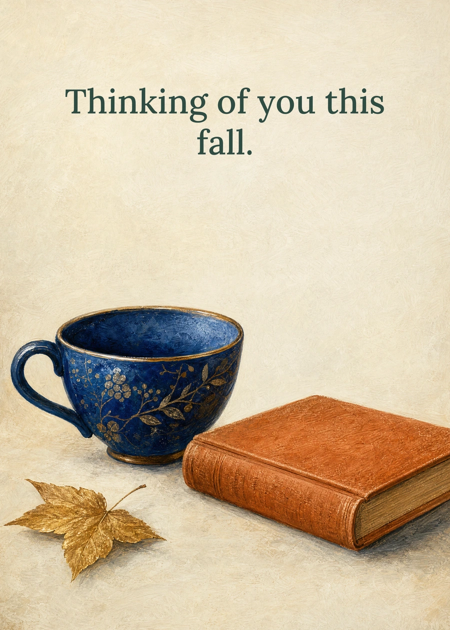 Personalized A Cozy Little Thought Greeting Card front with example wording: Thinking of you this fall.