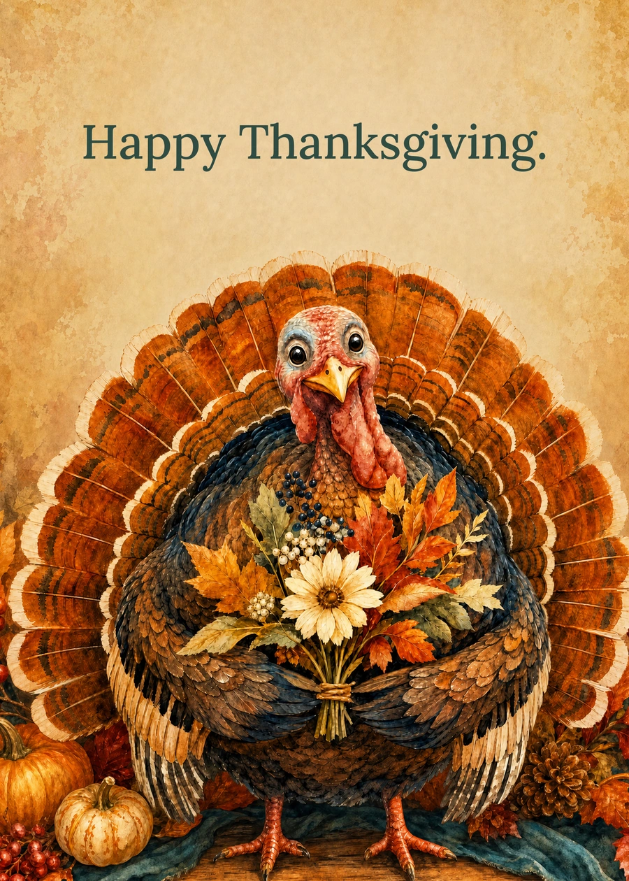 Personalized A Thoughtful Little Turkey Greeting Card front with example wording: Happy Thanksgiving.