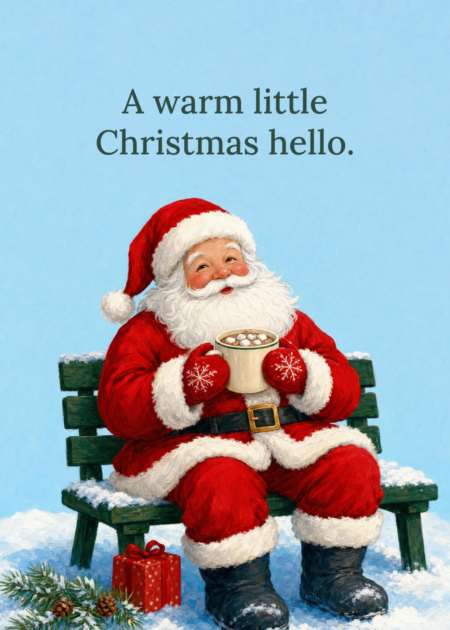 Personalized Cocoa with Santa Greeting Card front with example wording: A warm little Christmas hello.