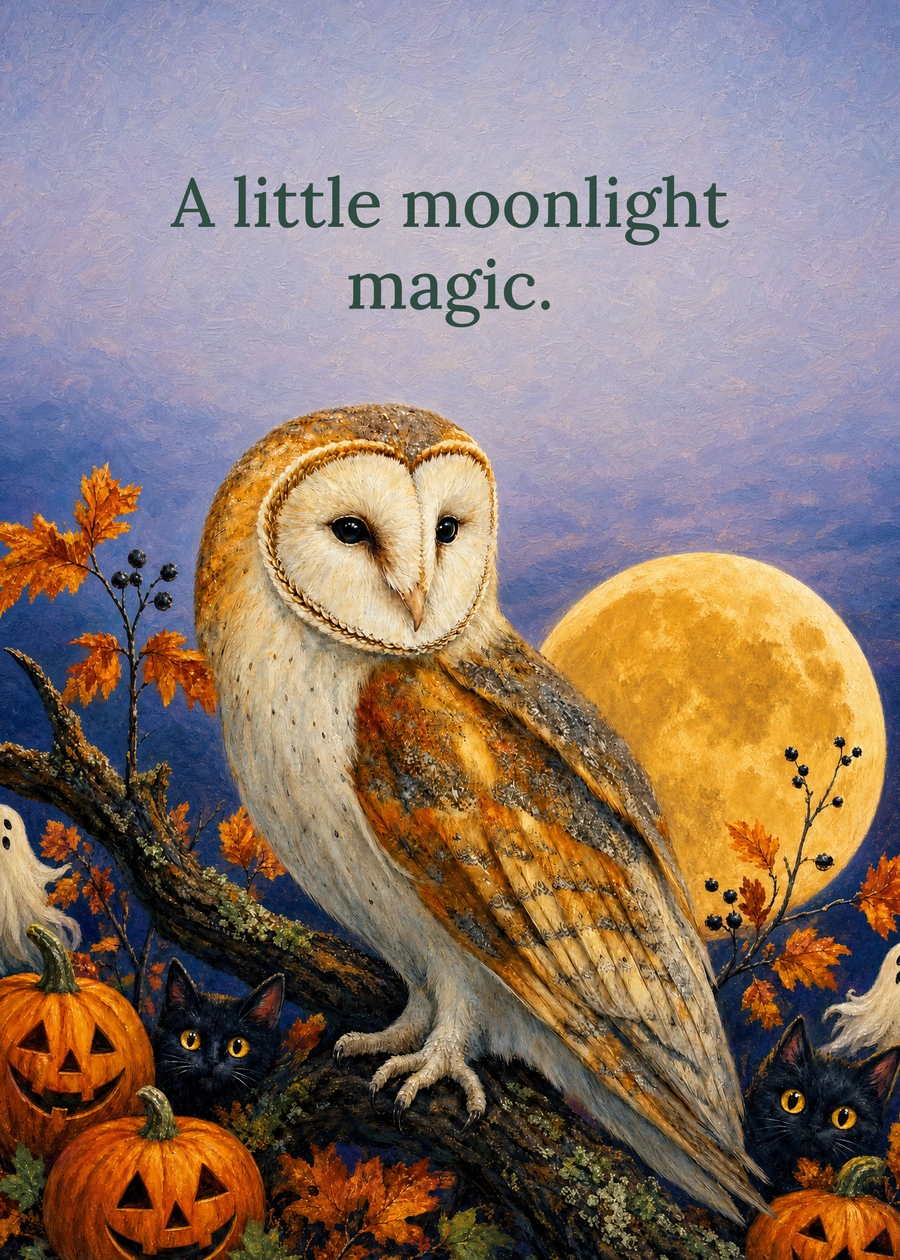 Personalized Moonlight Owl Greeting Card front with example wording: A little moonlight magic.