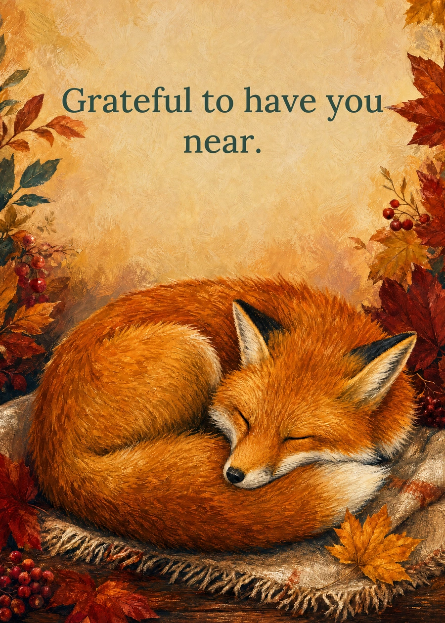 Personalized A Grateful Little Fox Greeting Card front with example wording: Grateful to have you near.