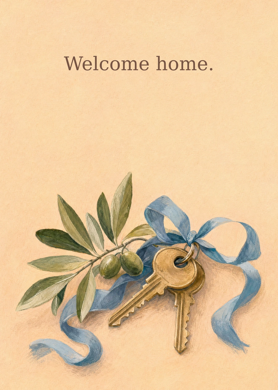 New Keys, New Chapter greeting card artwork: Welcome home.