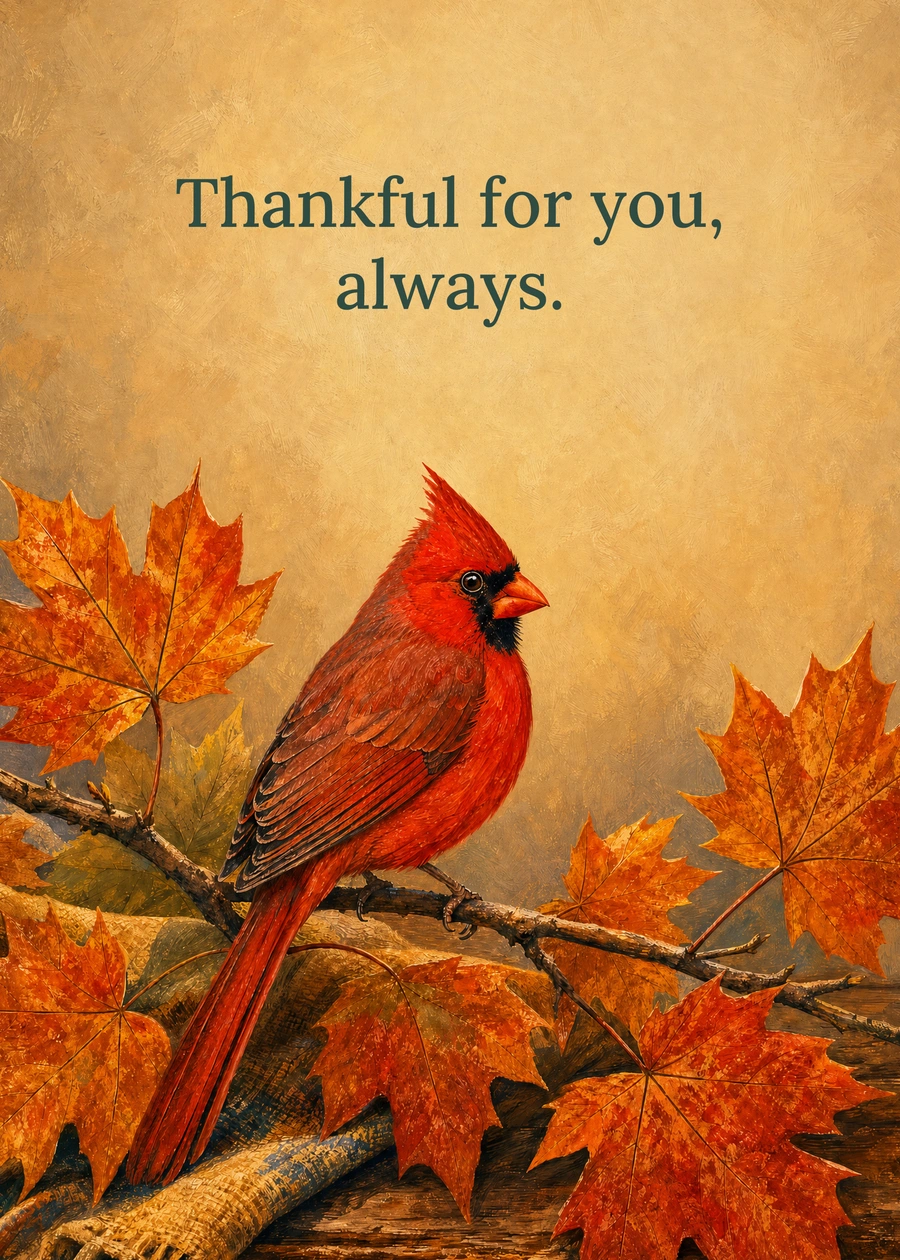 Personalized A Cardinal Full of Thanks Greeting Card front with example wording: Thankful for you, always.