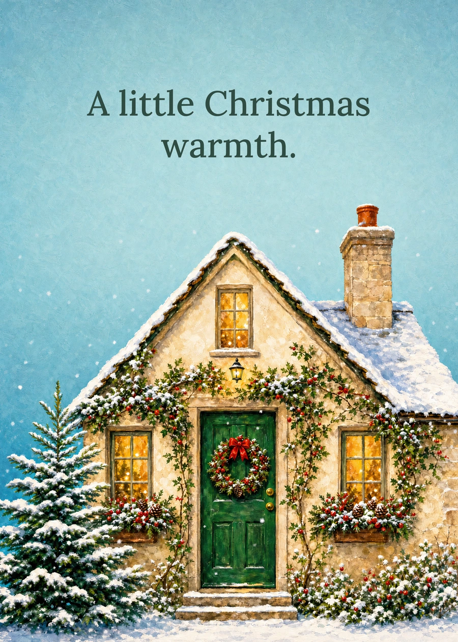 Personalized Christmas at the Cottage Greeting Card front with example wording: A little Christmas warmth.