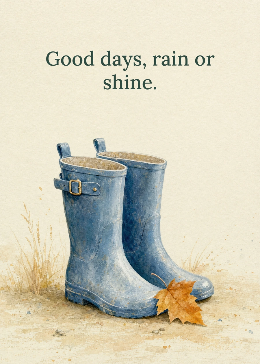 Personalized A Walk Through Autumn Greeting Card front with example wording: Good days, rain or shine.