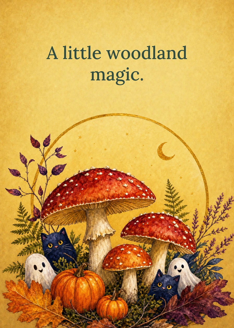 Personalized October Woodland Magic Greeting Card front with example wording: A little woodland magic.