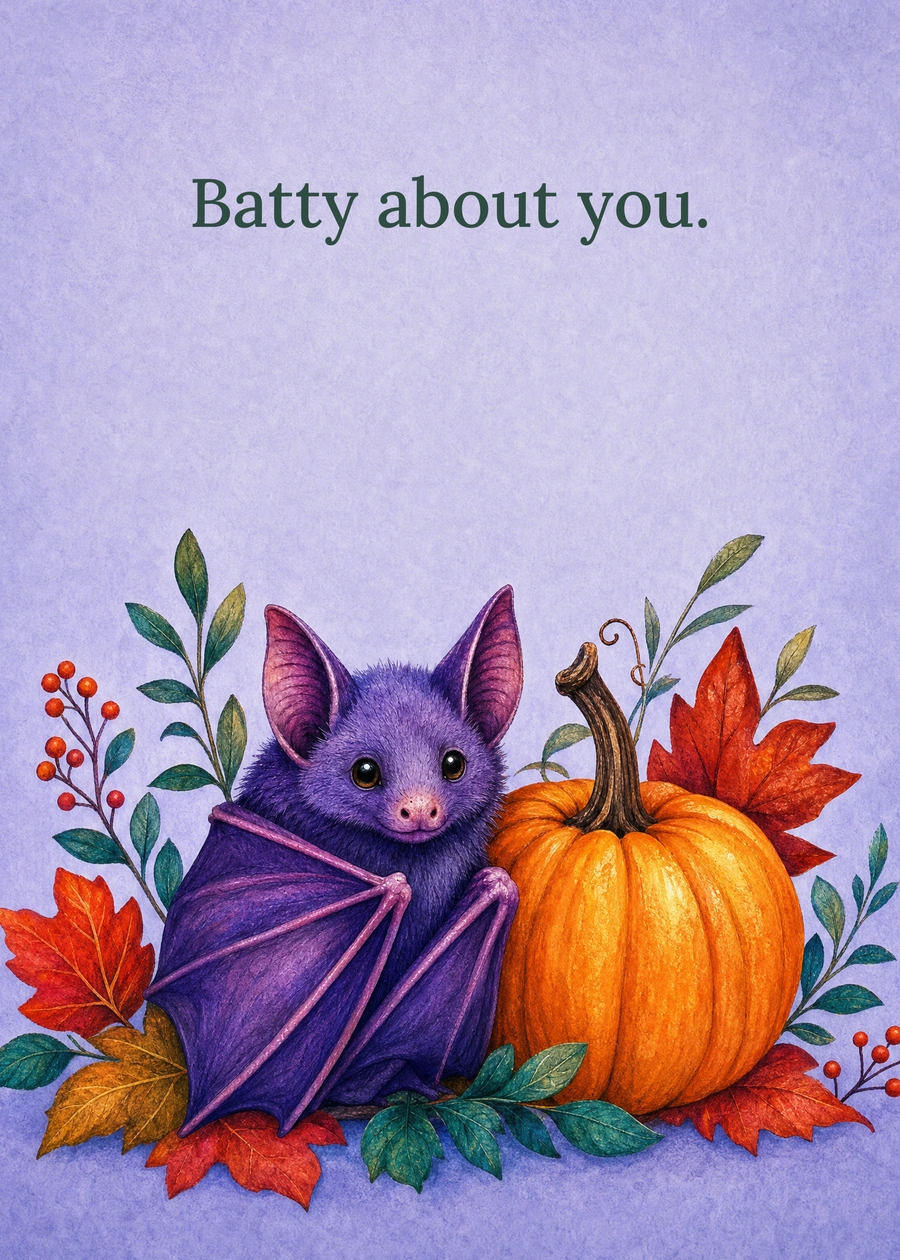 Personalized The Sleepy Little Bat Greeting Card front with example wording: Batty about you.