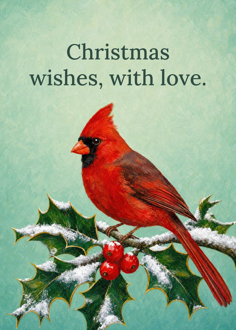 Personalized The Christmas Cardinal Greeting Card front with example wording: Christmas wishes, with love.