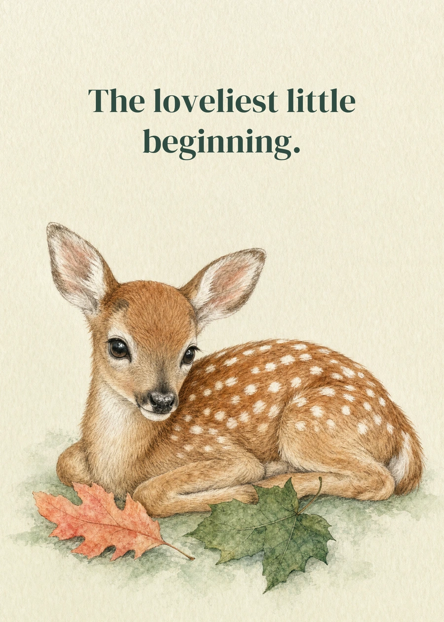 Personalized Welcome, Little Fawn Greeting Card front with example wording: The loveliest little beginning.