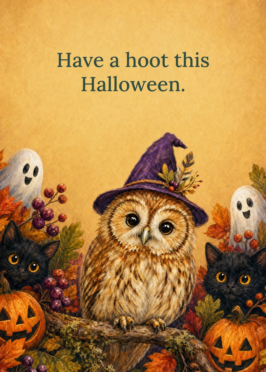 Personalized A Hoot of a Halloween Greeting Card front with example wording: Have a hoot this Halloween.