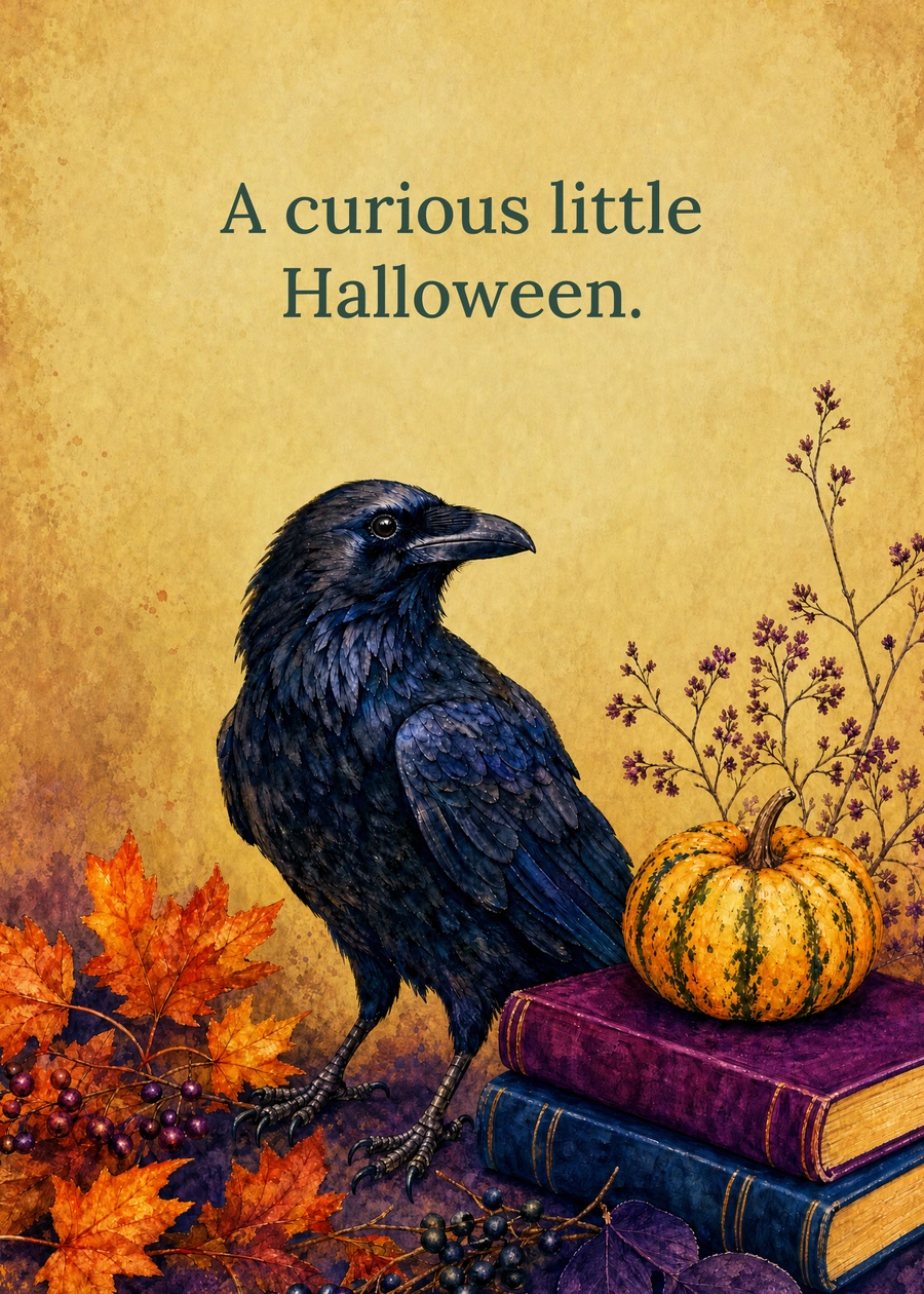 Personalized A Curious Halloween Reader Greeting Card front with example wording: A curious little Halloween.