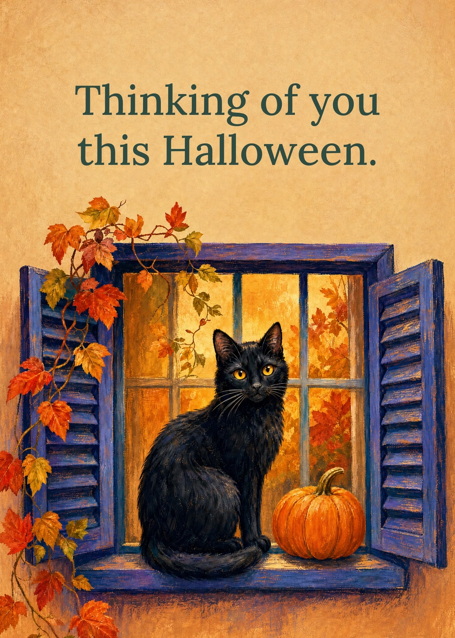 Personalized October at the Window Greeting Card front with example wording: Thinking of you this Halloween.