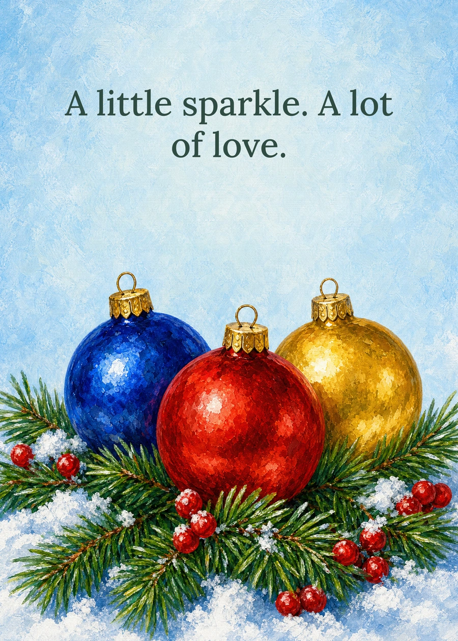 Personalized Three Little Christmas Treasures Greeting Card front with example wording: A little sparkle. A lot of love.