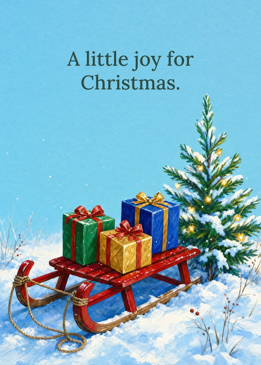 Personalized A Sled Full of Christmas Joy Greeting Card front with example wording: A little joy for Christmas.
