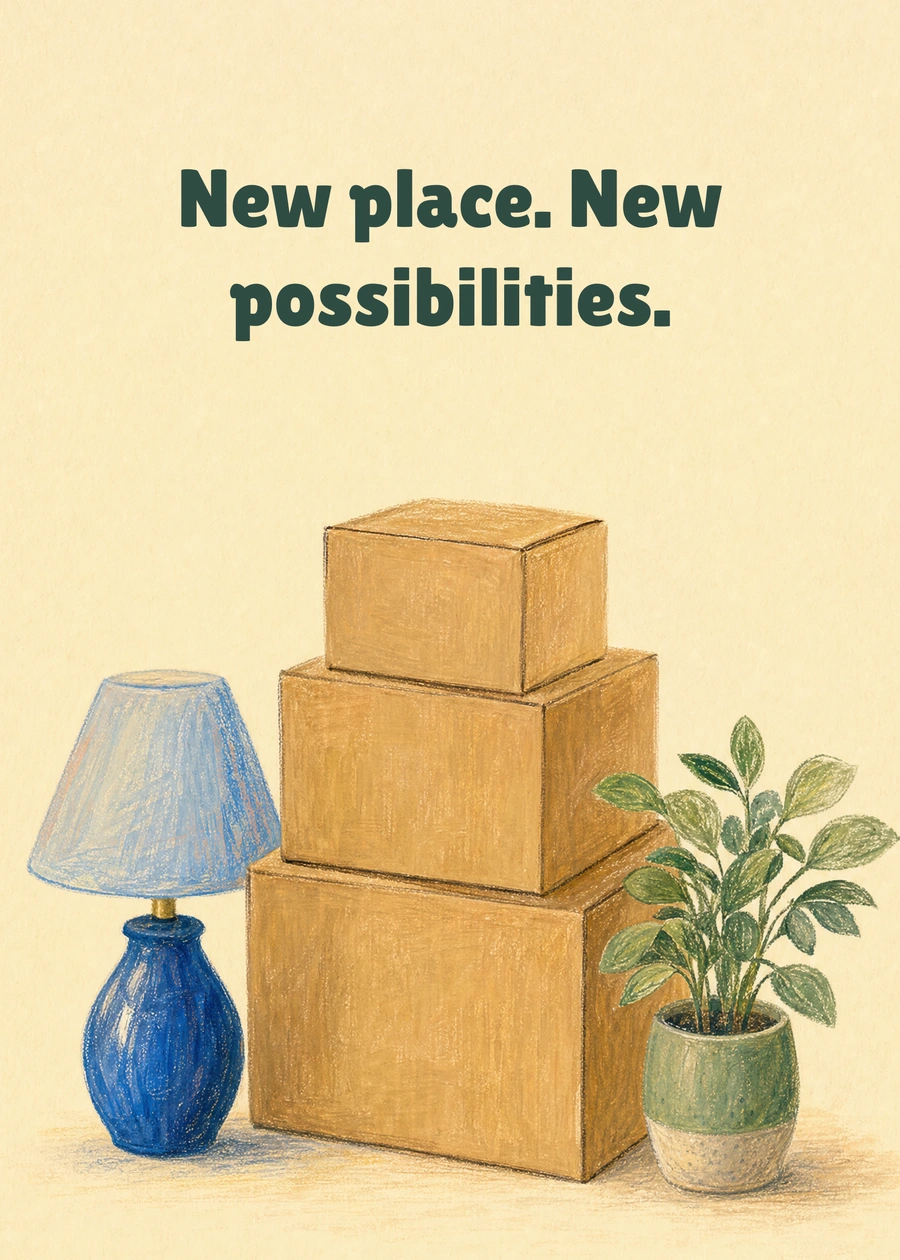 Personalized A Box Full of Beginnings Greeting Card front with example wording: New place. New possibilities.