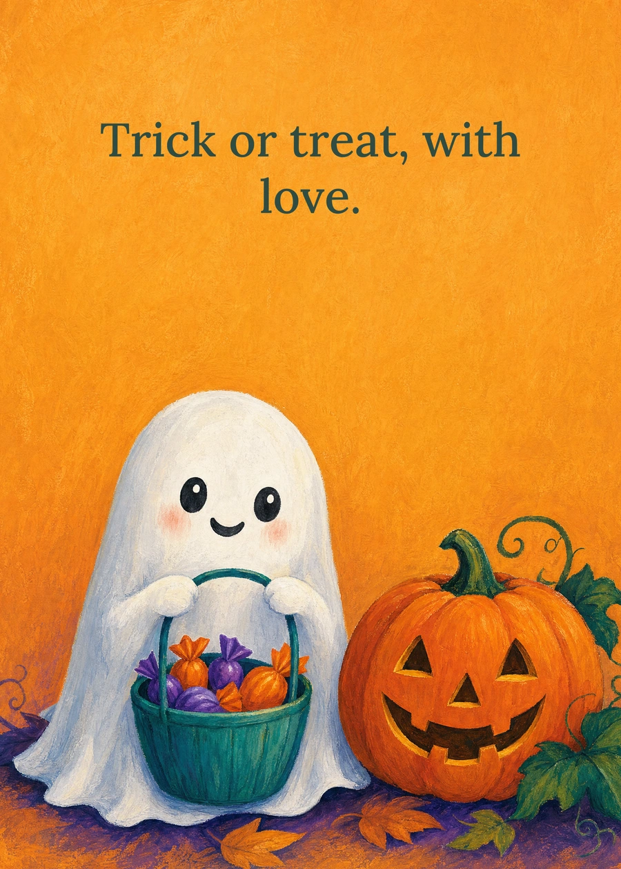 Personalized The Ghost with the Goodies Greeting Card front with example wording: Trick or treat, with love.