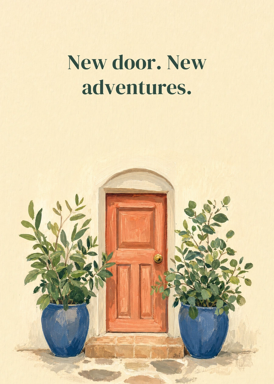 A Fresh Front Door greeting card artwork: New door. New adventures.