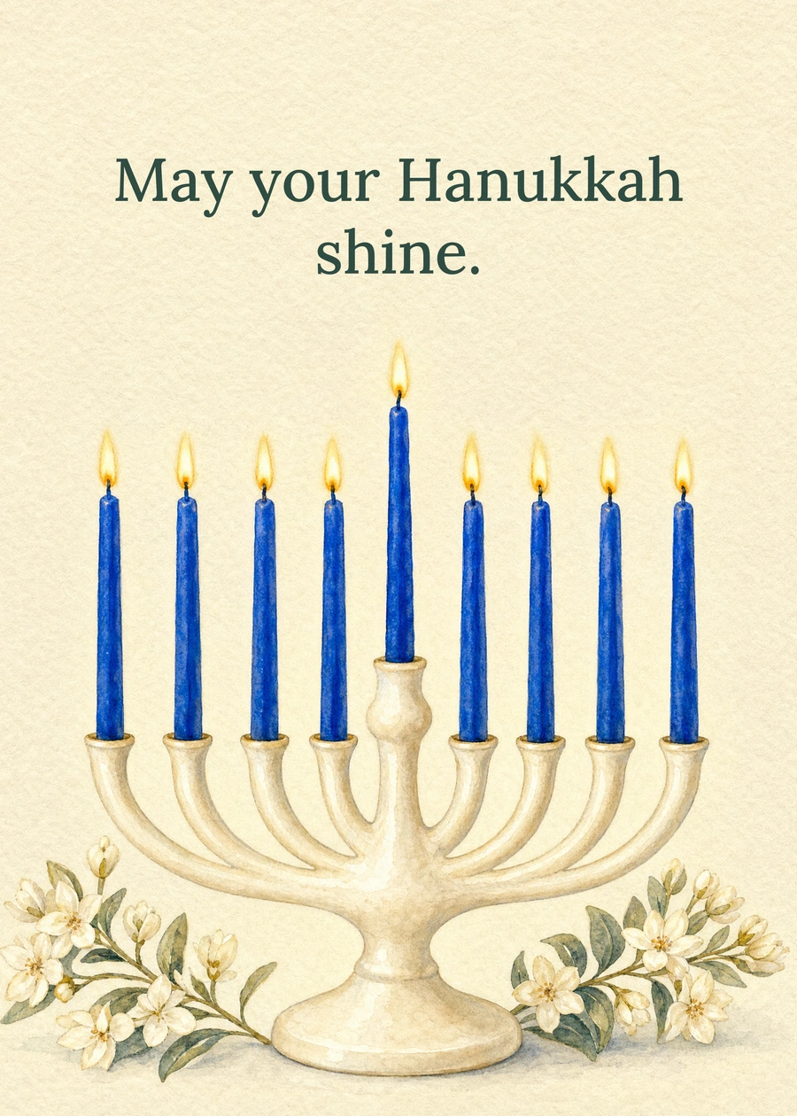 Personalized A Bloom of Hanukkah Light Greeting Card front with example wording: May your Hanukkah shine.