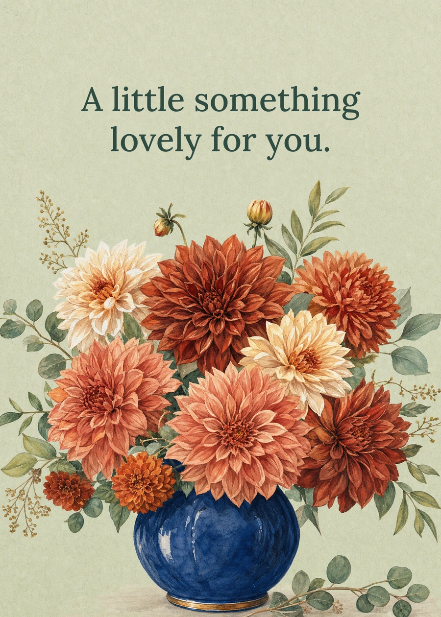 Personalized October Dahlias Greeting Card front with example wording: A little something lovely for you.