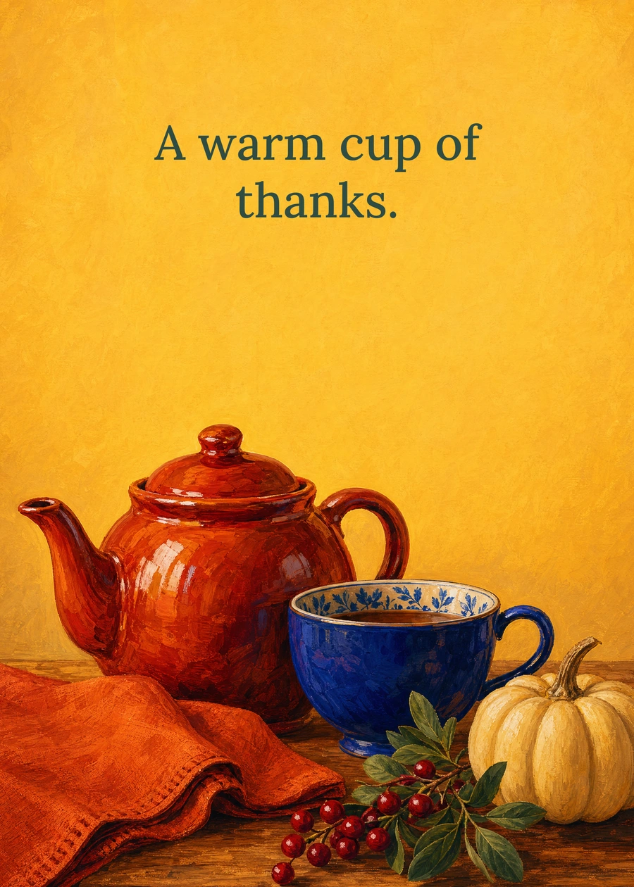 Personalized Thanksgiving Tea in Copper Greeting Card front with example wording: A warm cup of thanks.