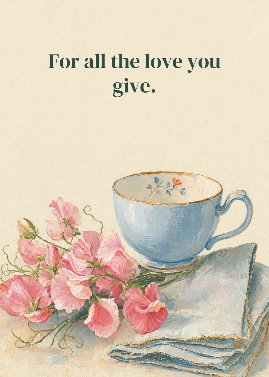Personalized Mom's Quiet Moment Greeting Card front with example wording: For all the love you give.