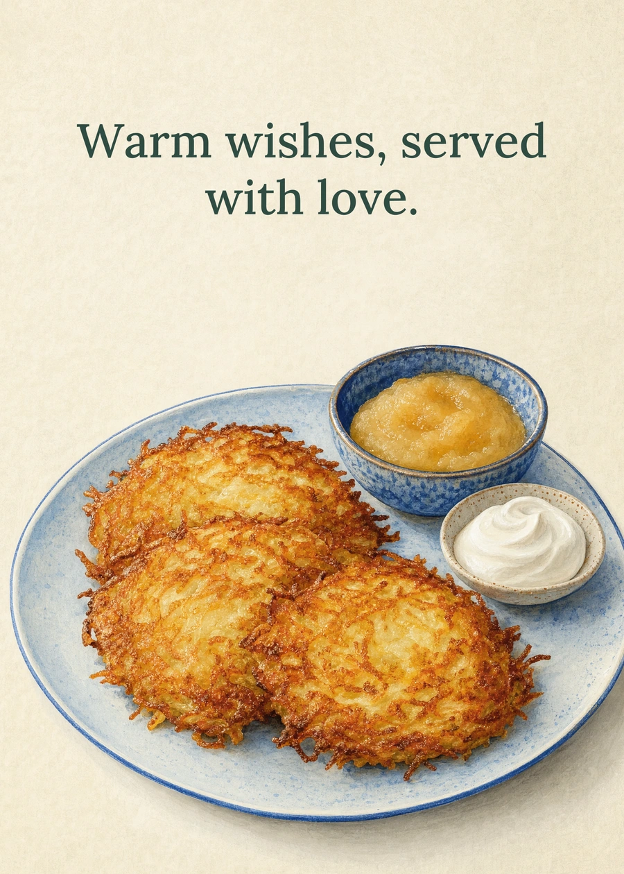 Personalized A Plate of Hanukkah Happiness Greeting Card front with example wording: Warm wishes, served with love.